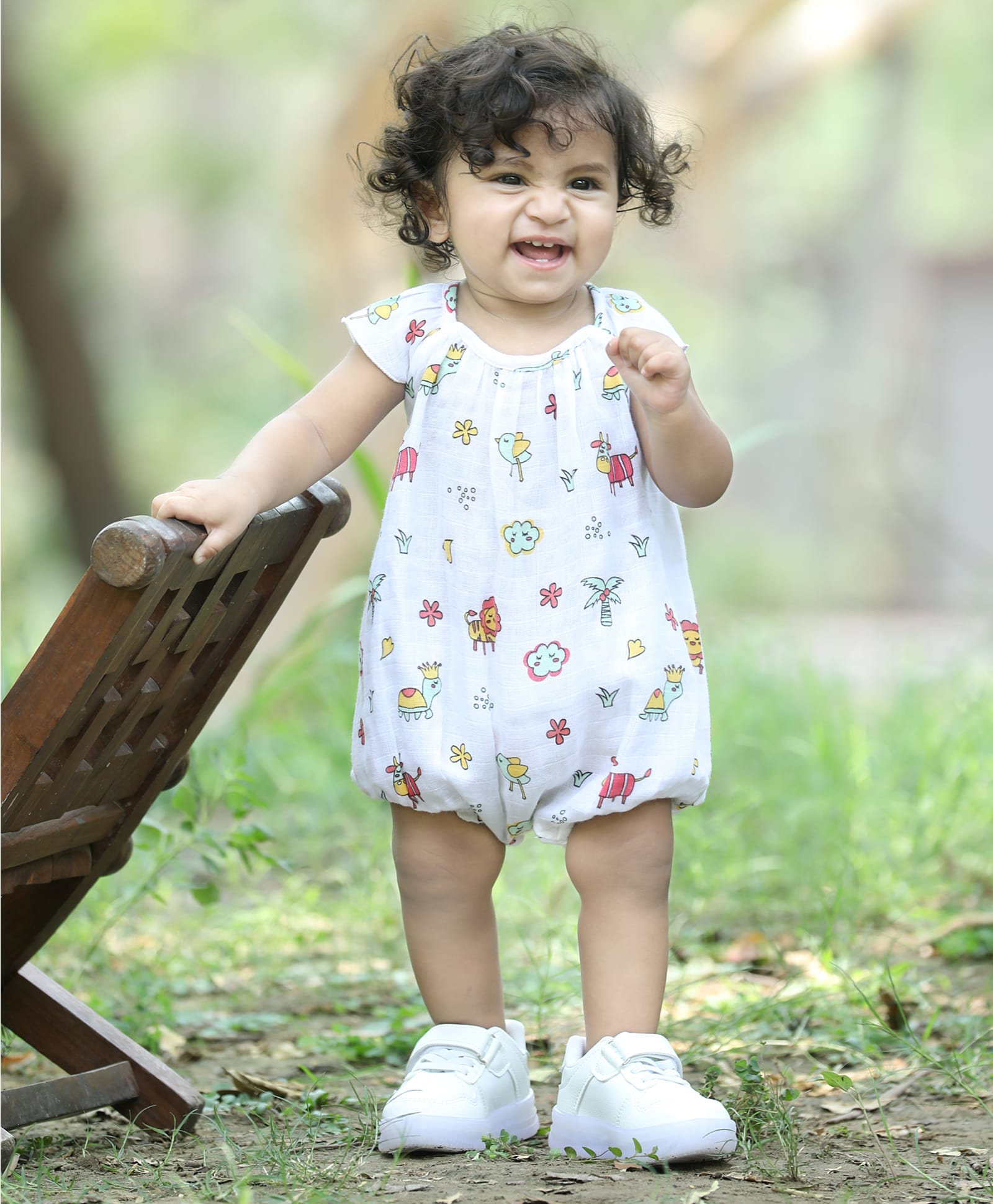 Titrit Muslin Woven Cap Sleeves Animals Printed Romper - White-picture-3