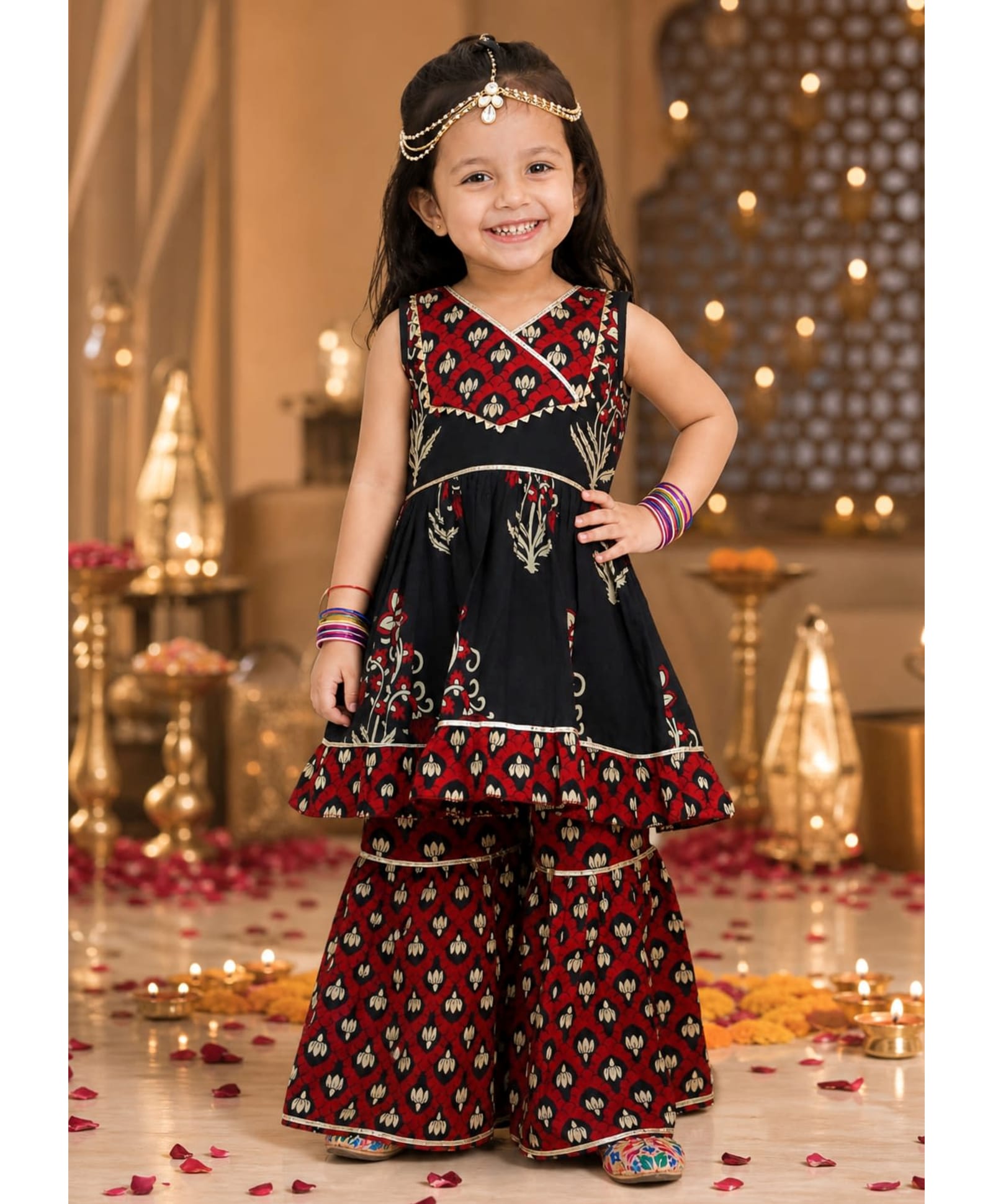 Titrit Cotton Woven Sleeveless Gota Lace Embellished & Floral Printed Kurti Sharara Set - Black-picture-44