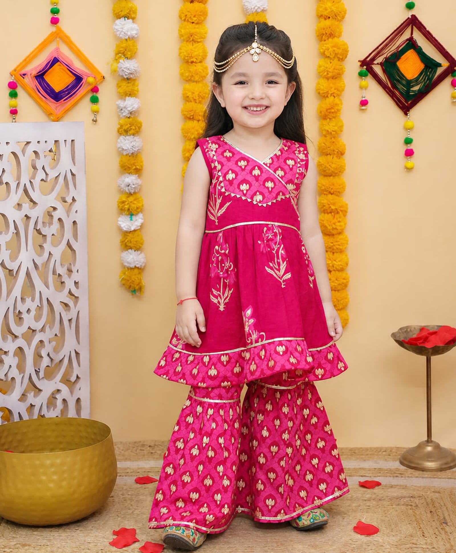 Titrit Cotton Woven Sleeveless Gota Lace Embellished & Floral Printed Kurti Sharara Set - Pink-picture-4