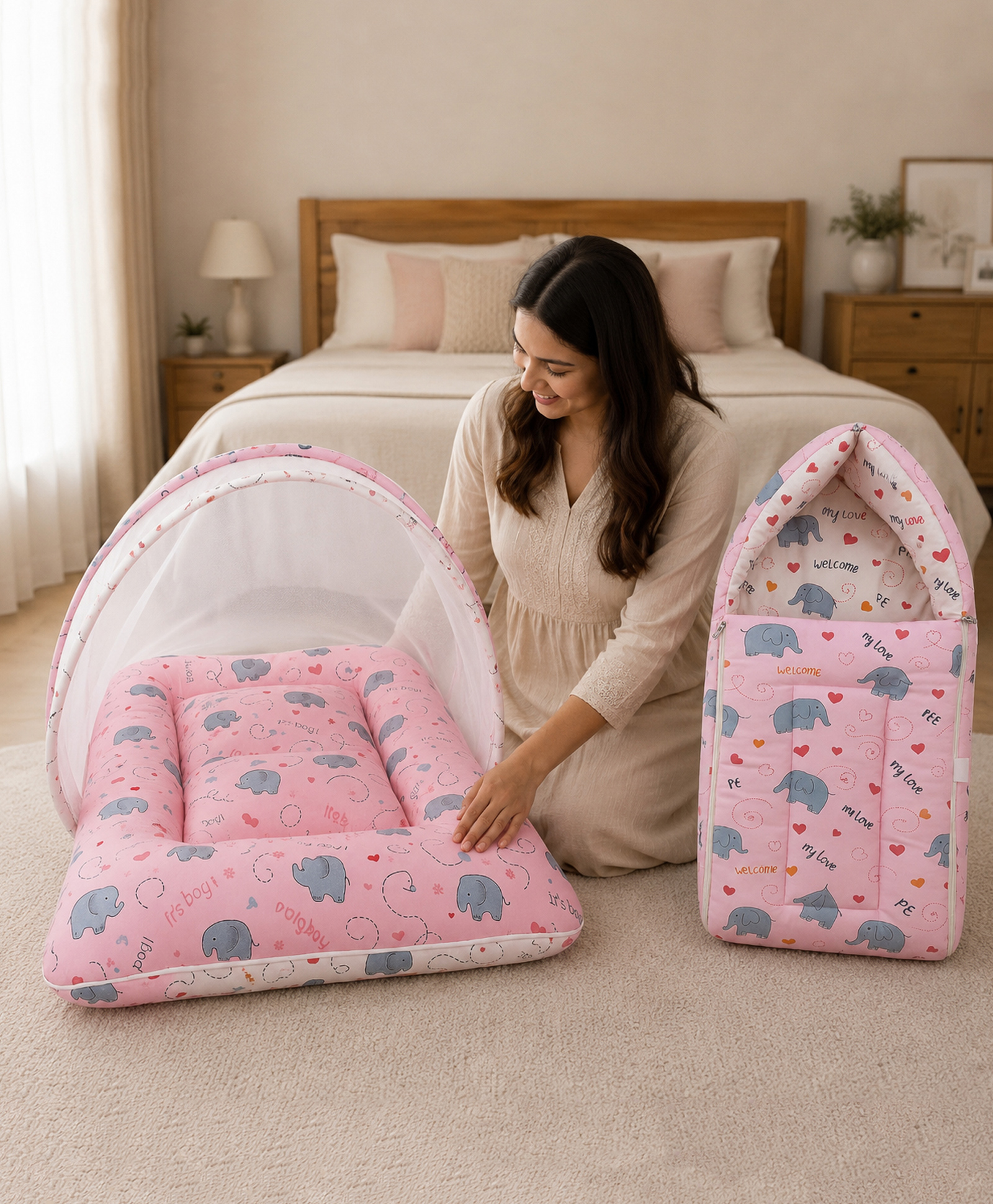Babytoons 2-in-1 Baby Sleeping Bag & Mattress With Mosquito Net for Newborn 0-6 Months - Pink-picture-2