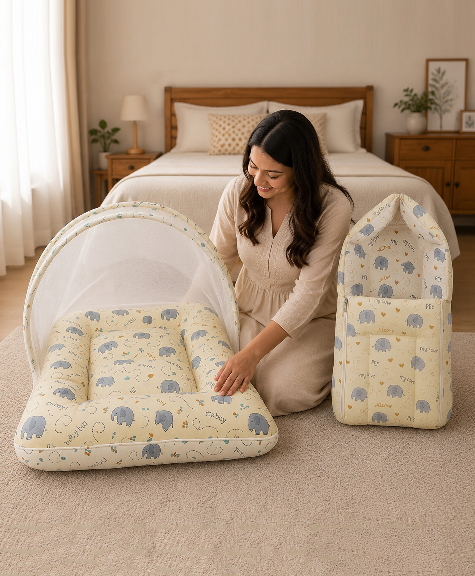 Babytoons 2-in-1 Baby Sleeping Bag & Mattress With Mosquito Net for Newborn 0-6 Months - Yellow-picture-1