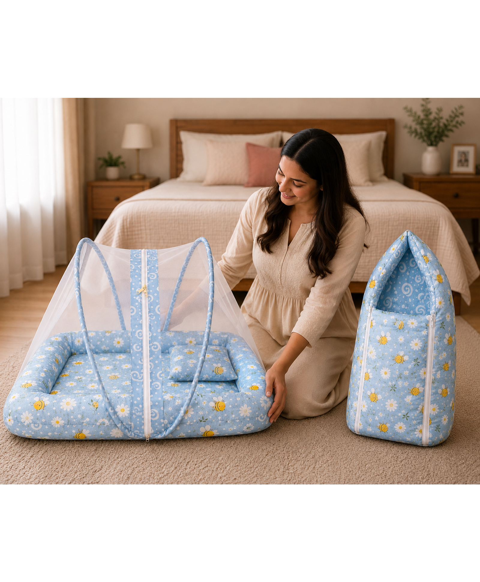 Babytoons Baby Bedding Set for New Born Baby Sleeping Bag & Mosquito Net Bed 0-6 Months Blue-picture-3