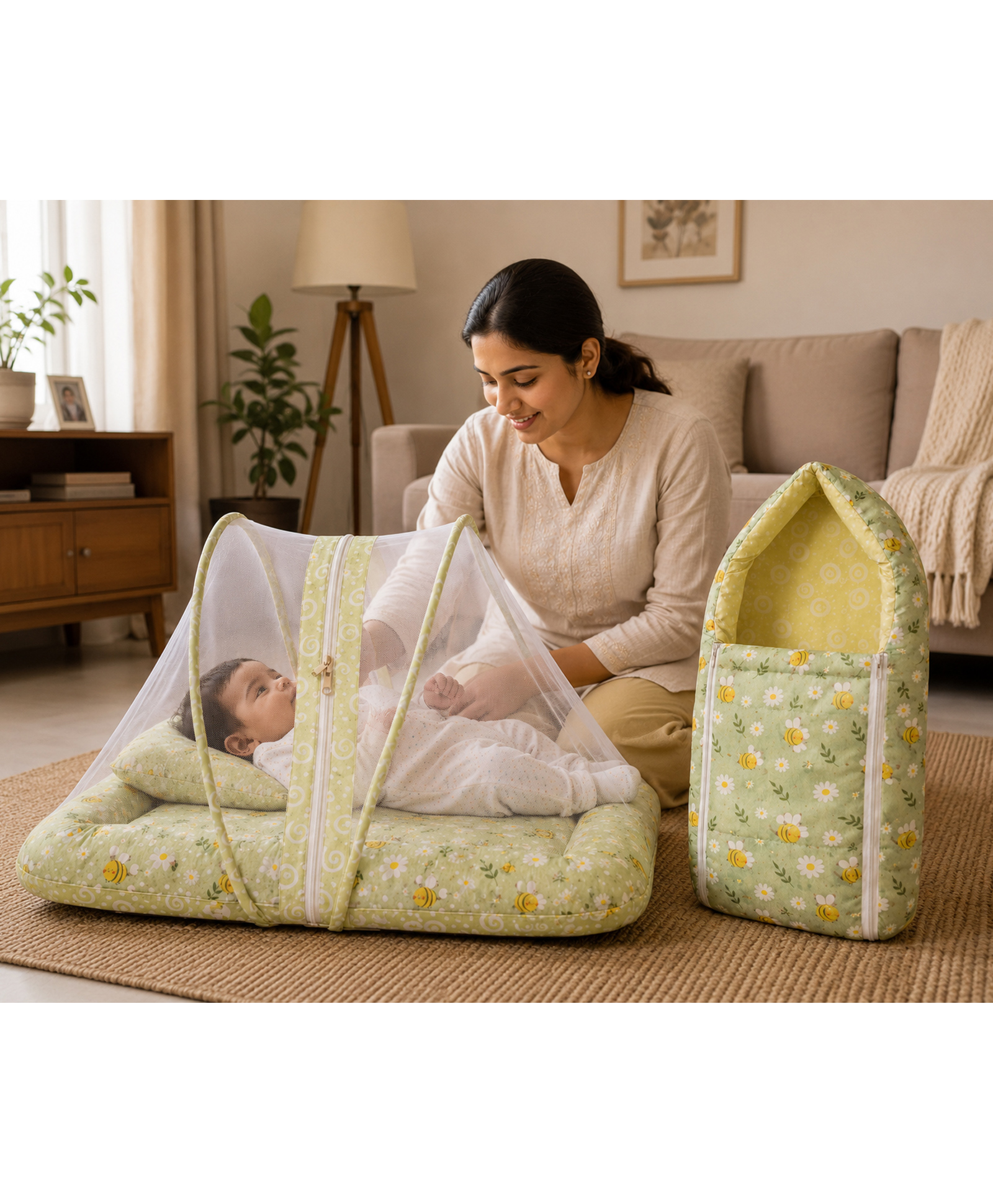 Babytoons Baby Bedding Set for New Born Baby Sleeping Bag & Mosquito Net Bed 0-6 Months Green-picture-5