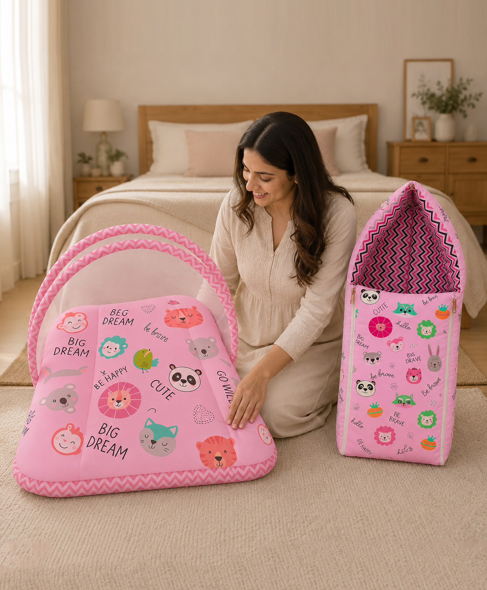 Babytoons 2-in-1 Baby Sleeping Bag & Mattress With Mosquito Net for Newborn 0-6 Months - Pink-image-45