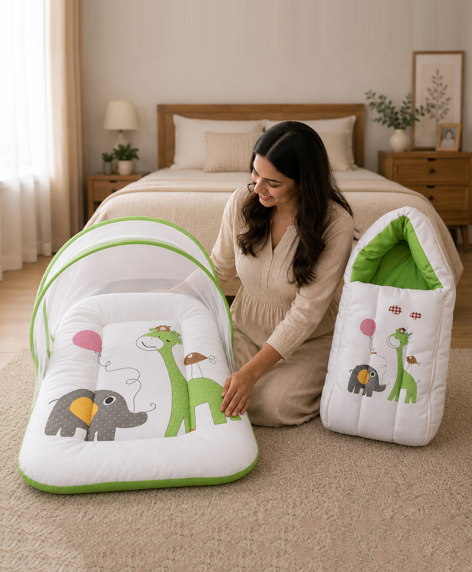 Babytoons Baby Bedding Set New Born Baby Bed With Mosquito Net & Carry Bag 0-6 Months - Green-picture-36