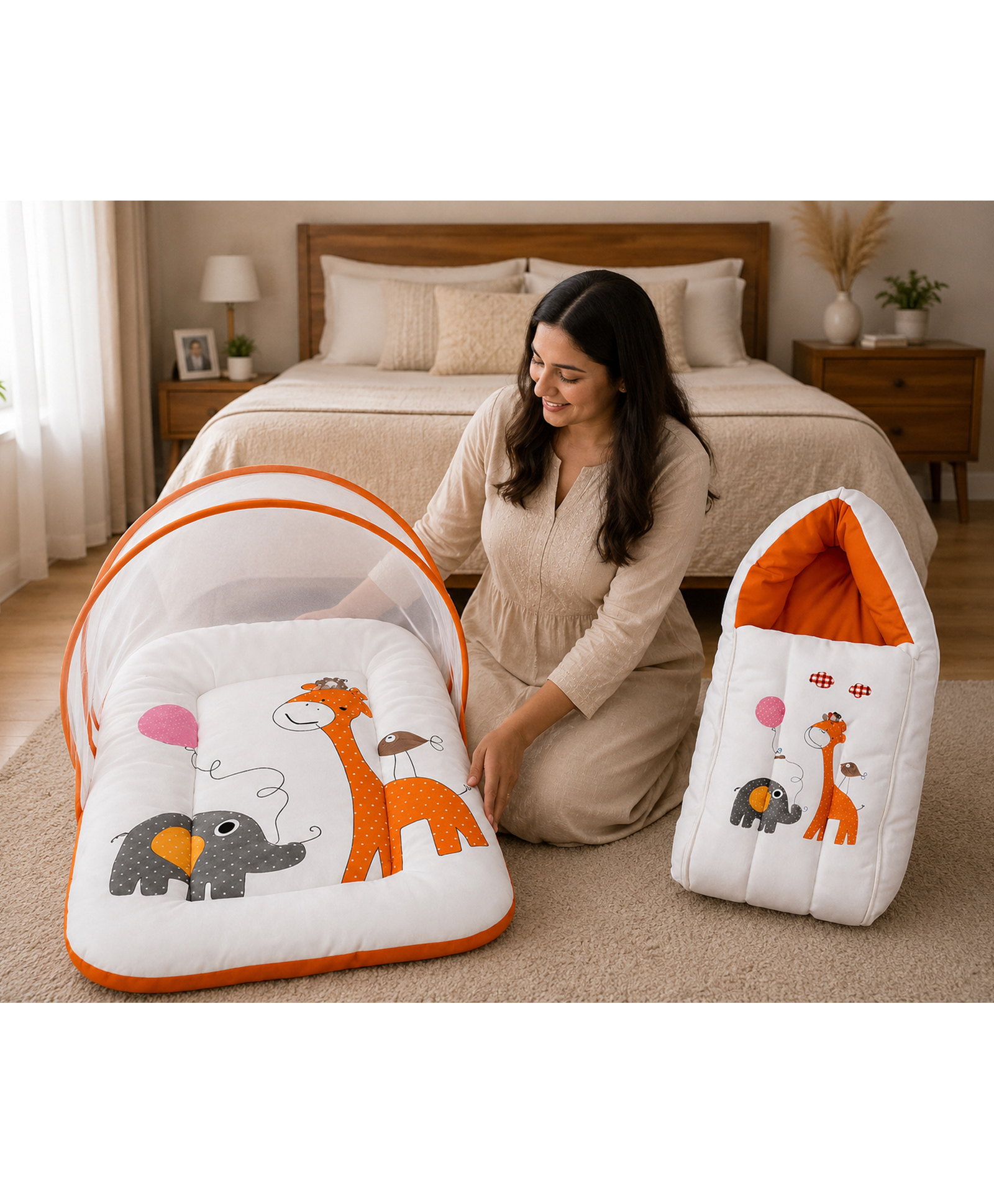 Babytoons Baby Bedding Set New Born Baby Bed With Mosquito Net & Carry Bag 0-6 Months - Orange-picture-6