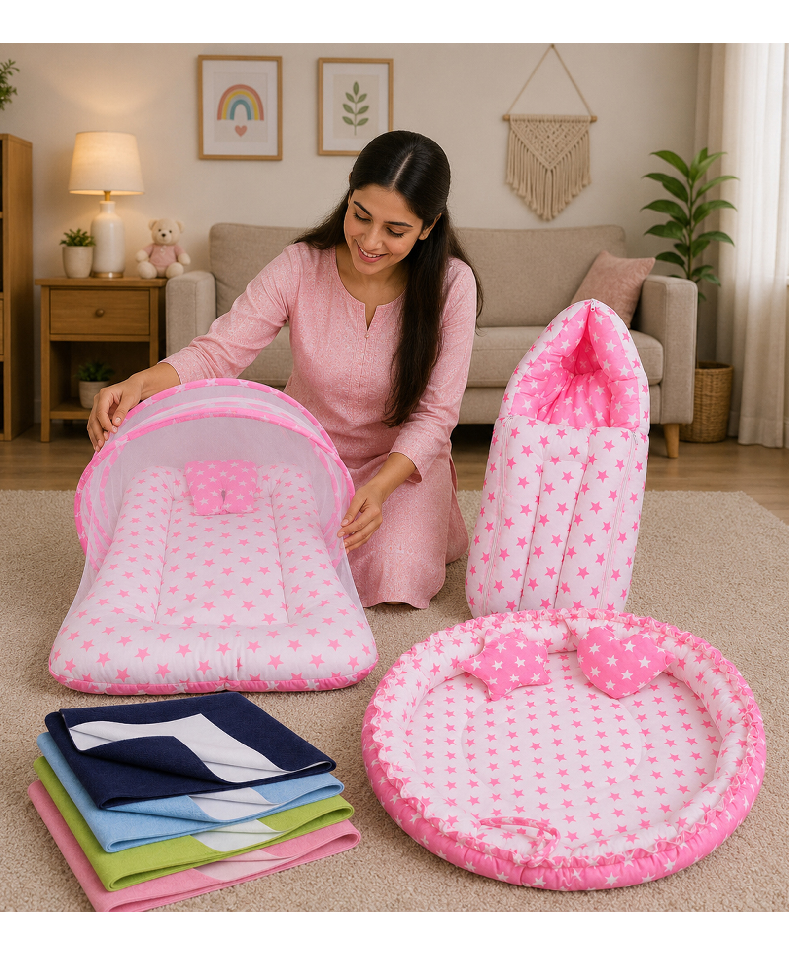 Babytoons Baby Sleeping Essential Reversible Nest Carry Bag Dry Sheets & Mattress with Net 0-6 Months - Pink-image-24