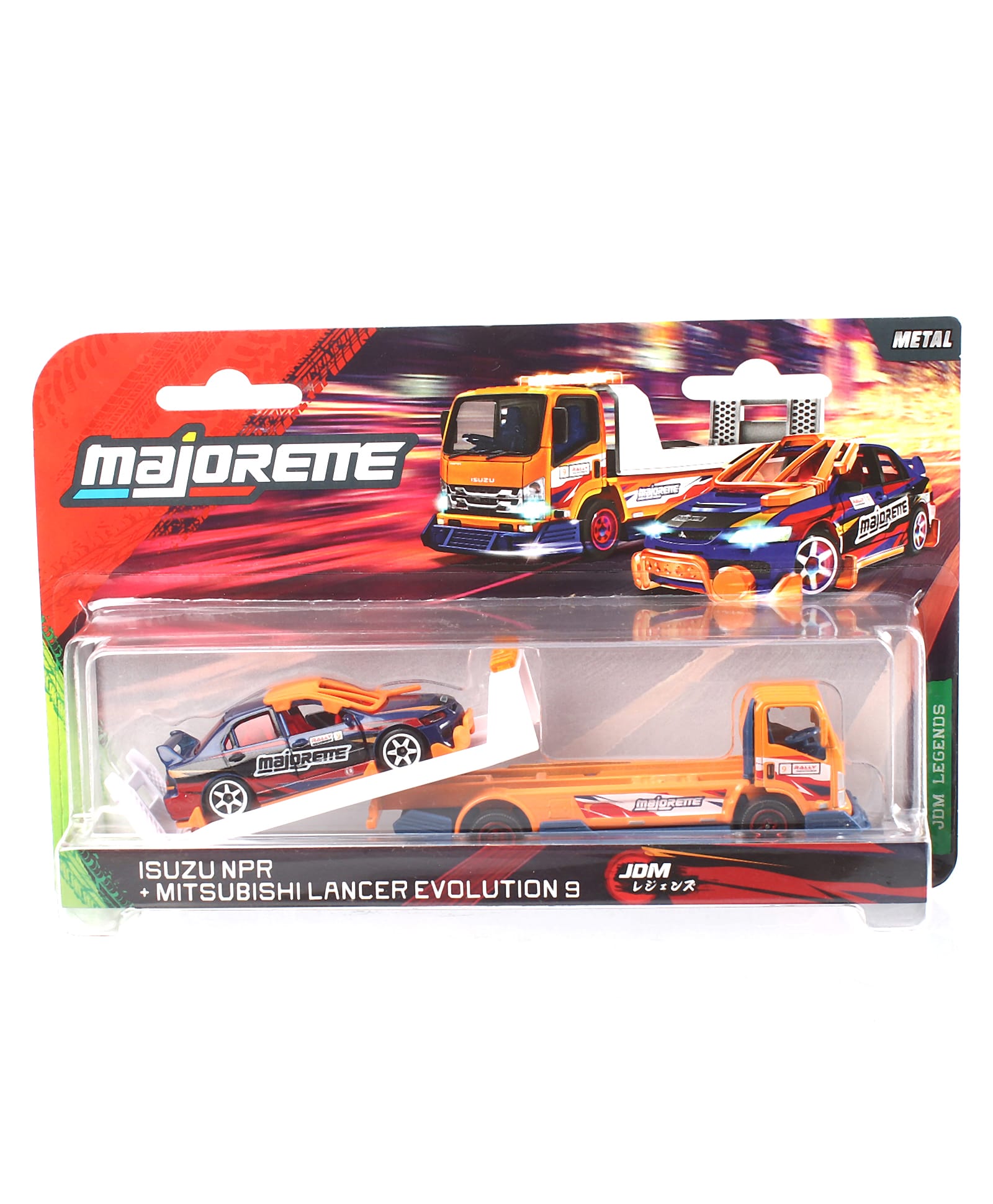 Majorette Isuzu NPR Mitsubishi Lancer Evolution 9 JDM Legends Tuning Transporter Die Cast Free Wheel Car - Orange & Blue-image-36
