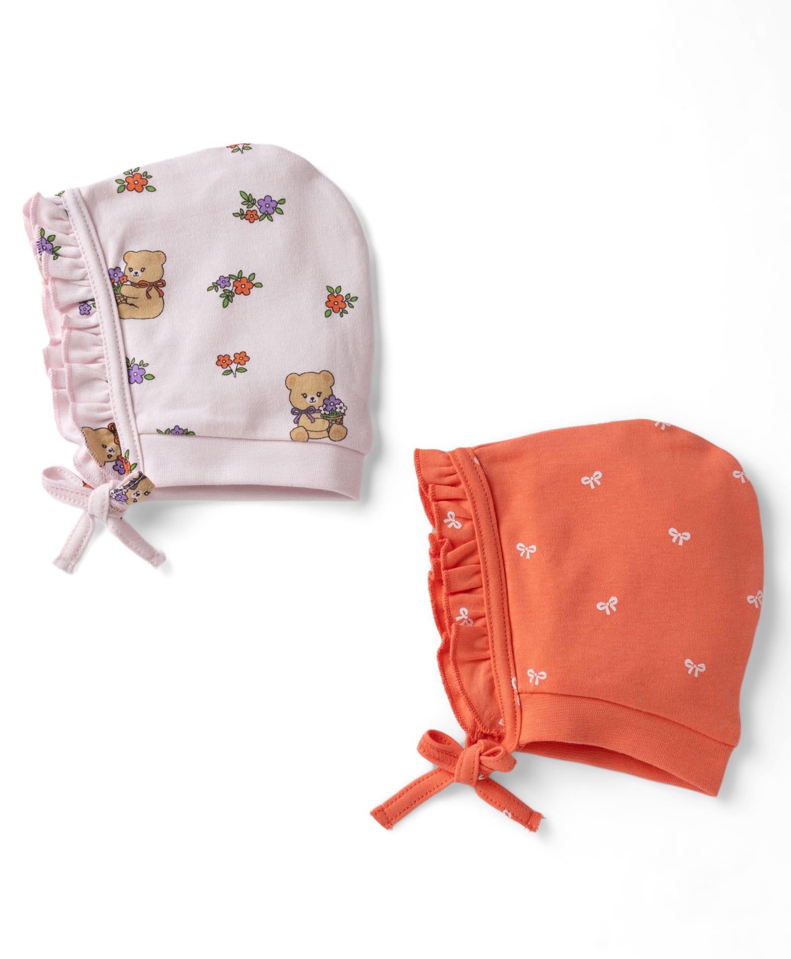 Babyhug 100% Cotton Interlock Knit Frill Baby Caps with Bear & Bow Print Lilac & Rust Orange - Diameter 11.5 cm-image-11