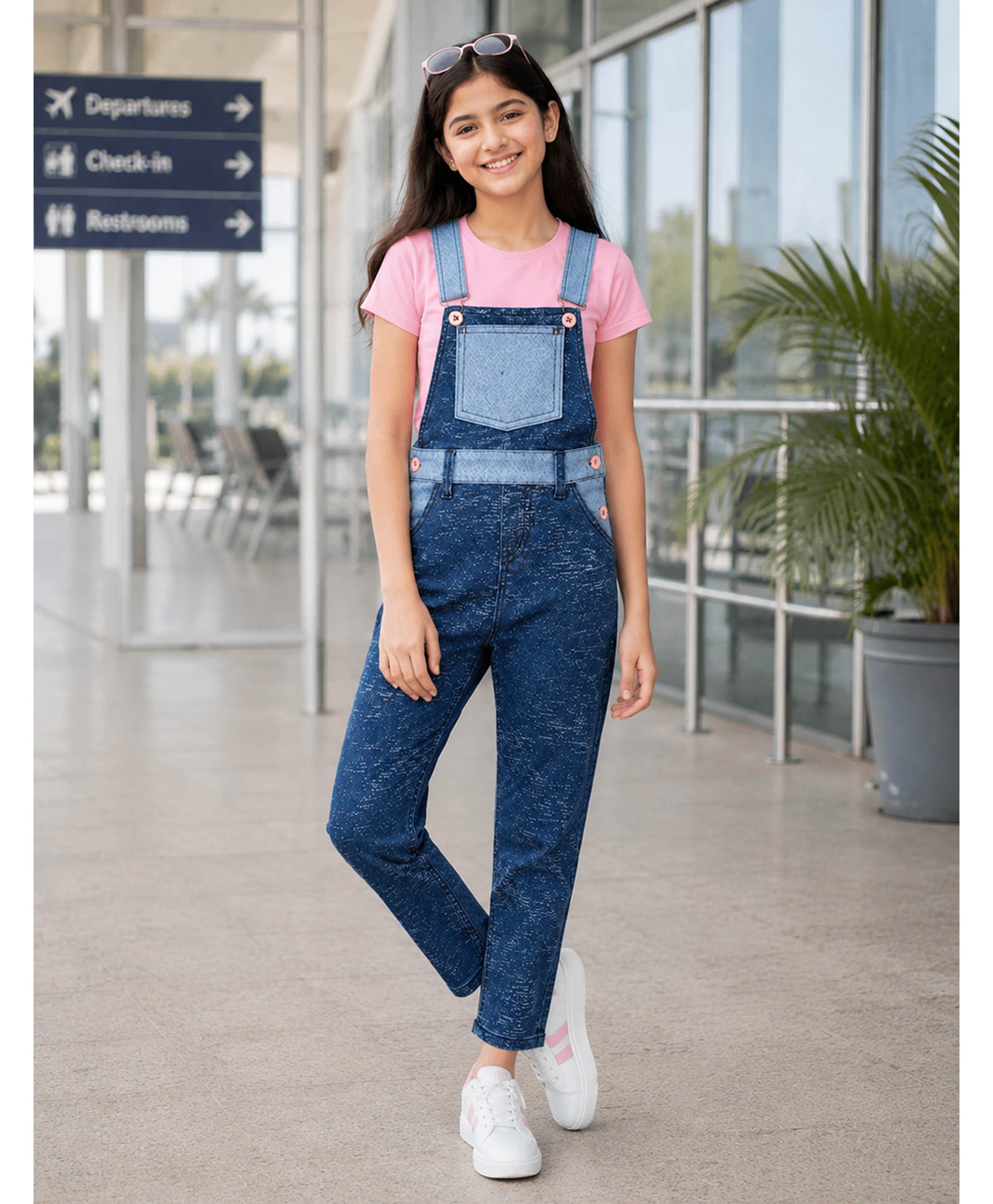 Kiddopanti Denim Sleeveless Contrast Design Dungaree - Indigo Blue-picture-15