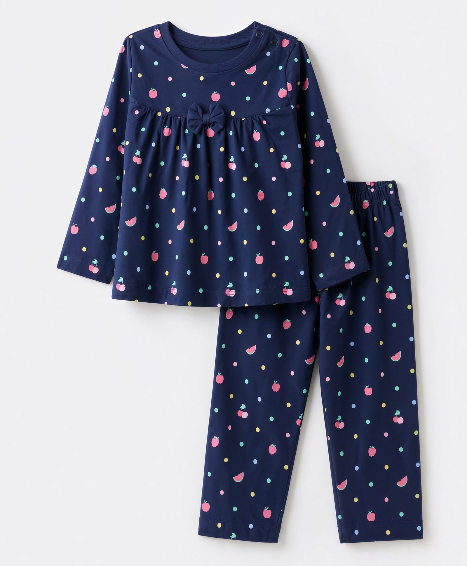 Babyhug Cotton Knit Full Sleeves T-Shirt & Pyjama Night Suit Co-Ords Set With Polka Dots & Bow Applique - Navy Blue-image-7