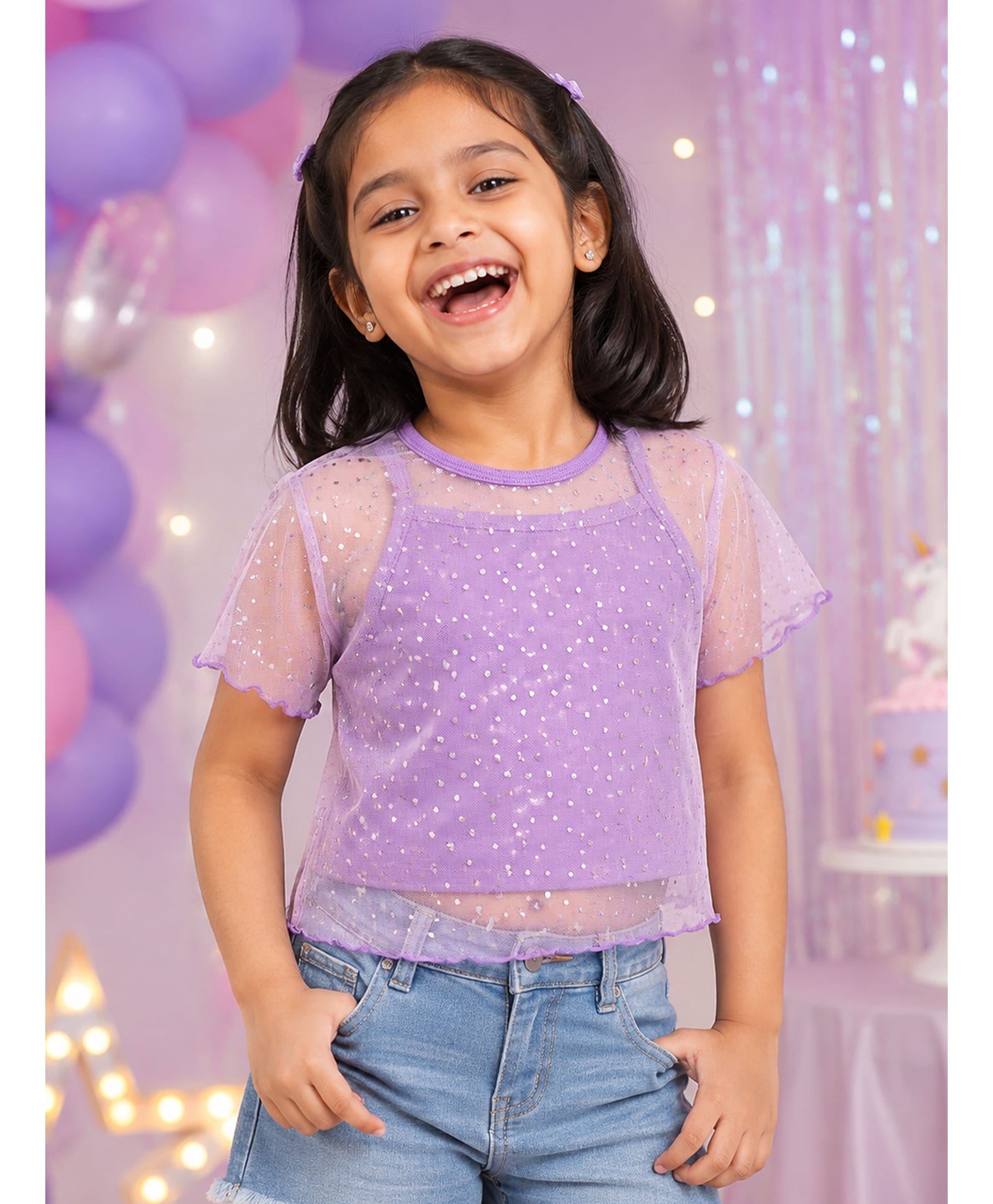 Kaboosh Knit Half Sleeves Glitter Embellished Top With Solid Inner - Purple & Lilac-picture-35