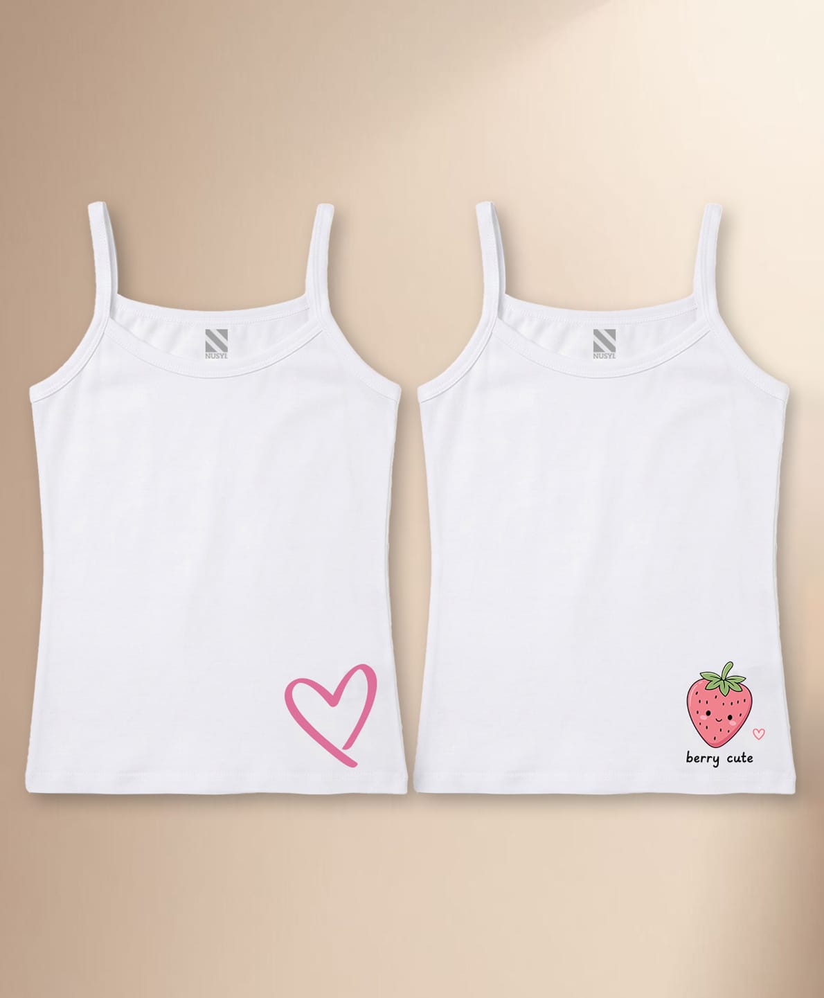 NUSYL Cotton Knit Pack Of 2 Sleeveless Heart & Strawberry Printed Camisoles - White-picture-3