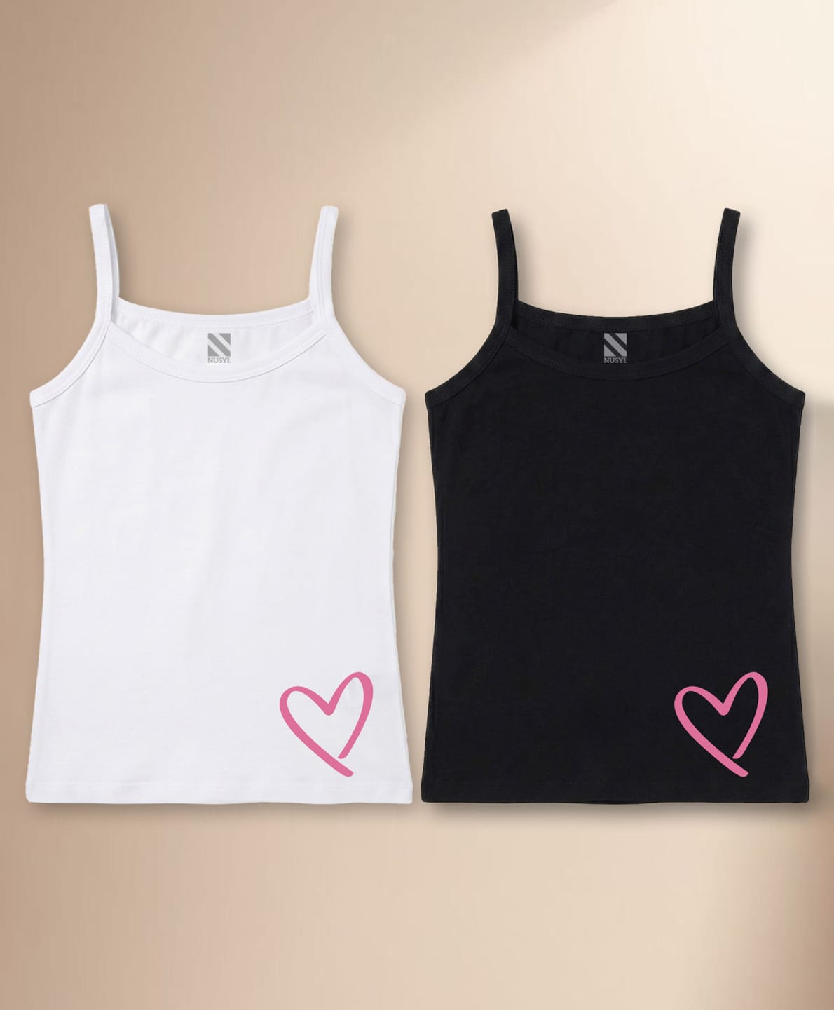 NUSYL Cotton Knit Pack Of 2 Sleeveless Heart Printed Camisoles - White & Black-picture-24