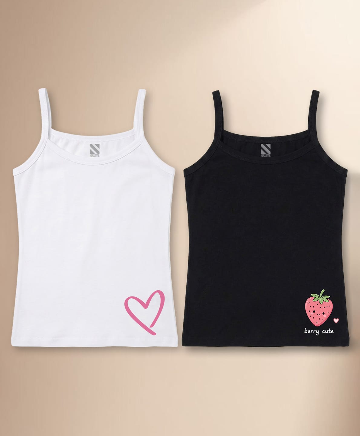 NUSYL Cotton Knit Pack Of 2 Sleeveless Heart & Strawberry Printed Camisoles - White & Black-image-49