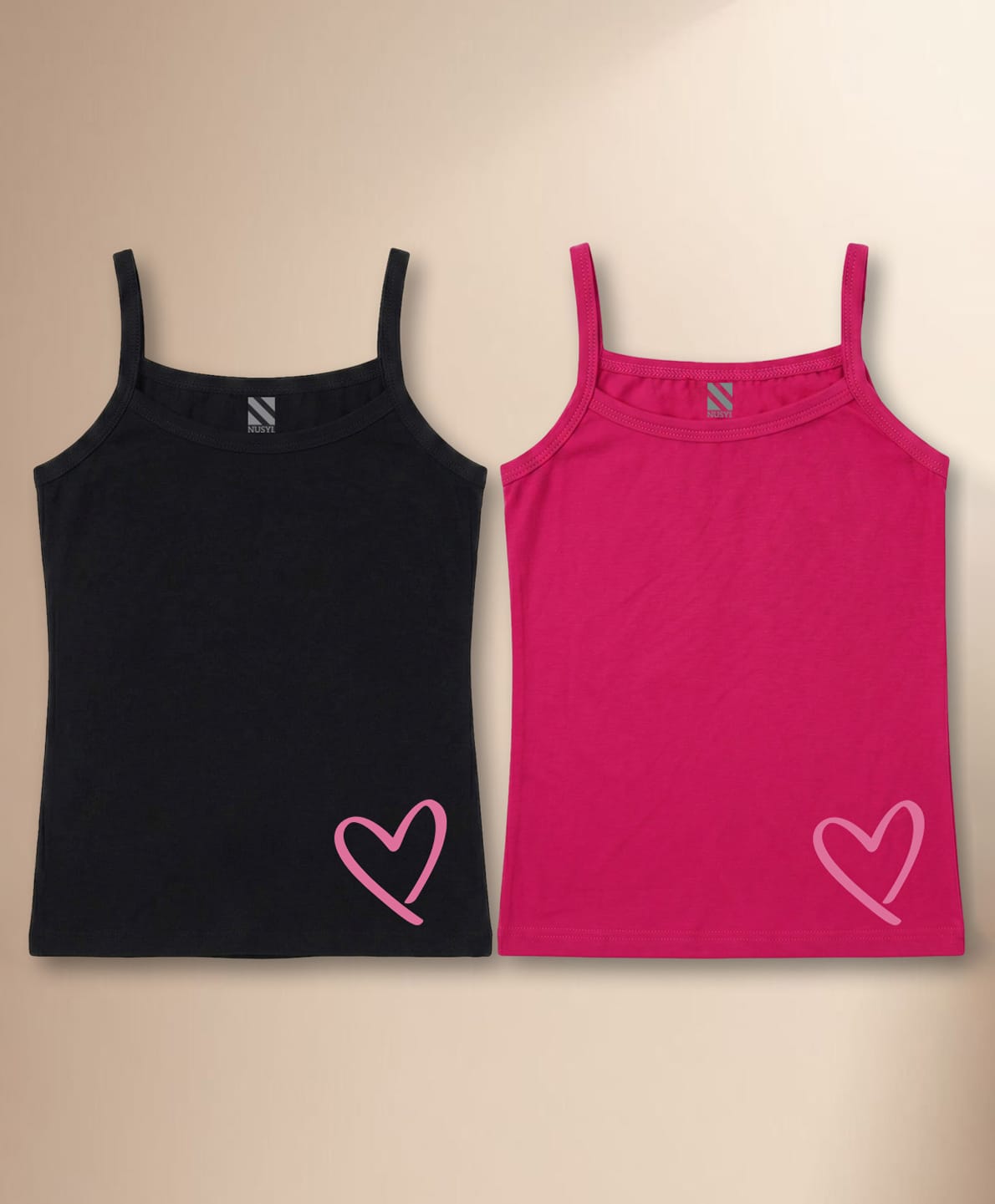 NUSYL Cotton Knit Pack Of 2 Sleeveless Heart Printed Camisoles - Black & Dark Pink-picture-15