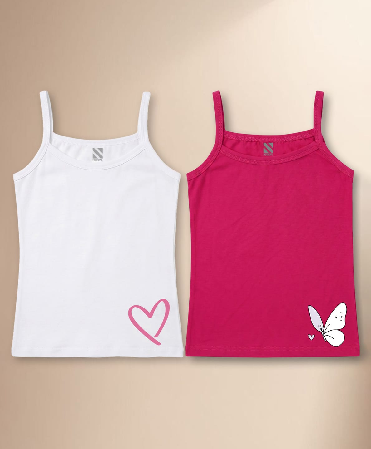 NUSYL Cotton Knit Pack Of 2 Sleeveless Heart & Butterfly Printed Camisoles - White & Dark Pink-picture-19