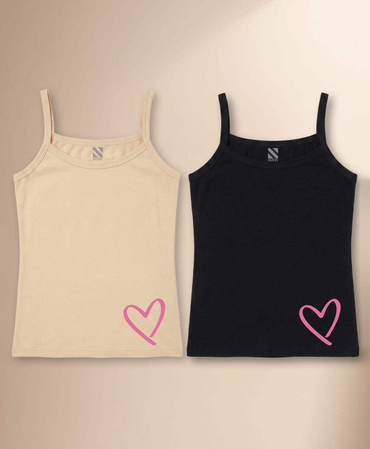 NUSYL Cotton Knit Pack Of 2 Sleeveless Heart Printed Camisoles - Beige & Black-picture-32