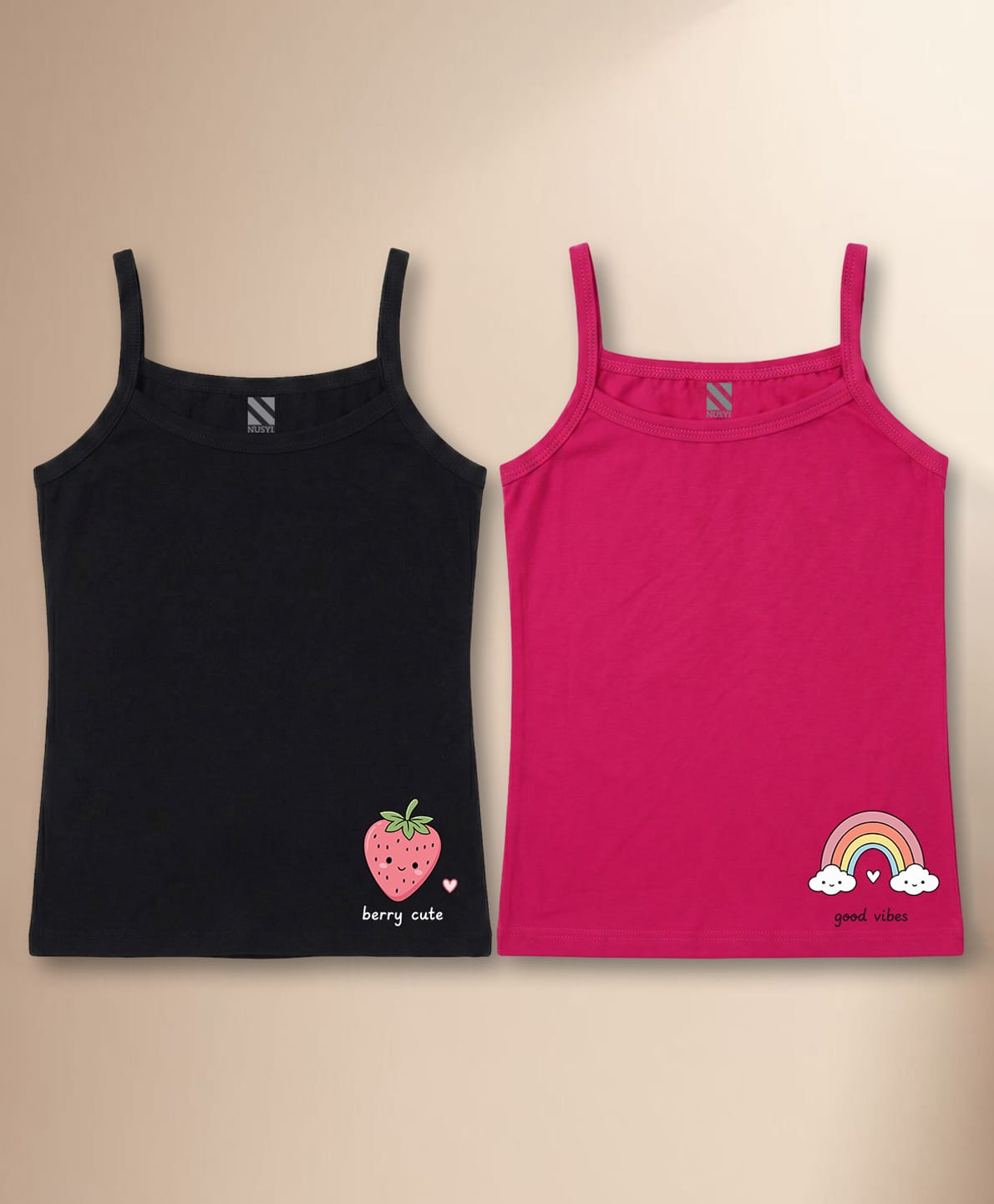 NUSYL Cotton Knit Pack Of 2 Sleeveless Strawberry & Rainbow Printed Camisoles - Black & Dark Pink-picture-15