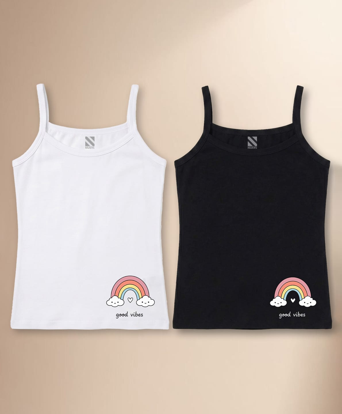 NUSYL Cotton Knit Pack Of 2 Sleeveless Rainbow Printed Camisoles - White & Black-picture-0