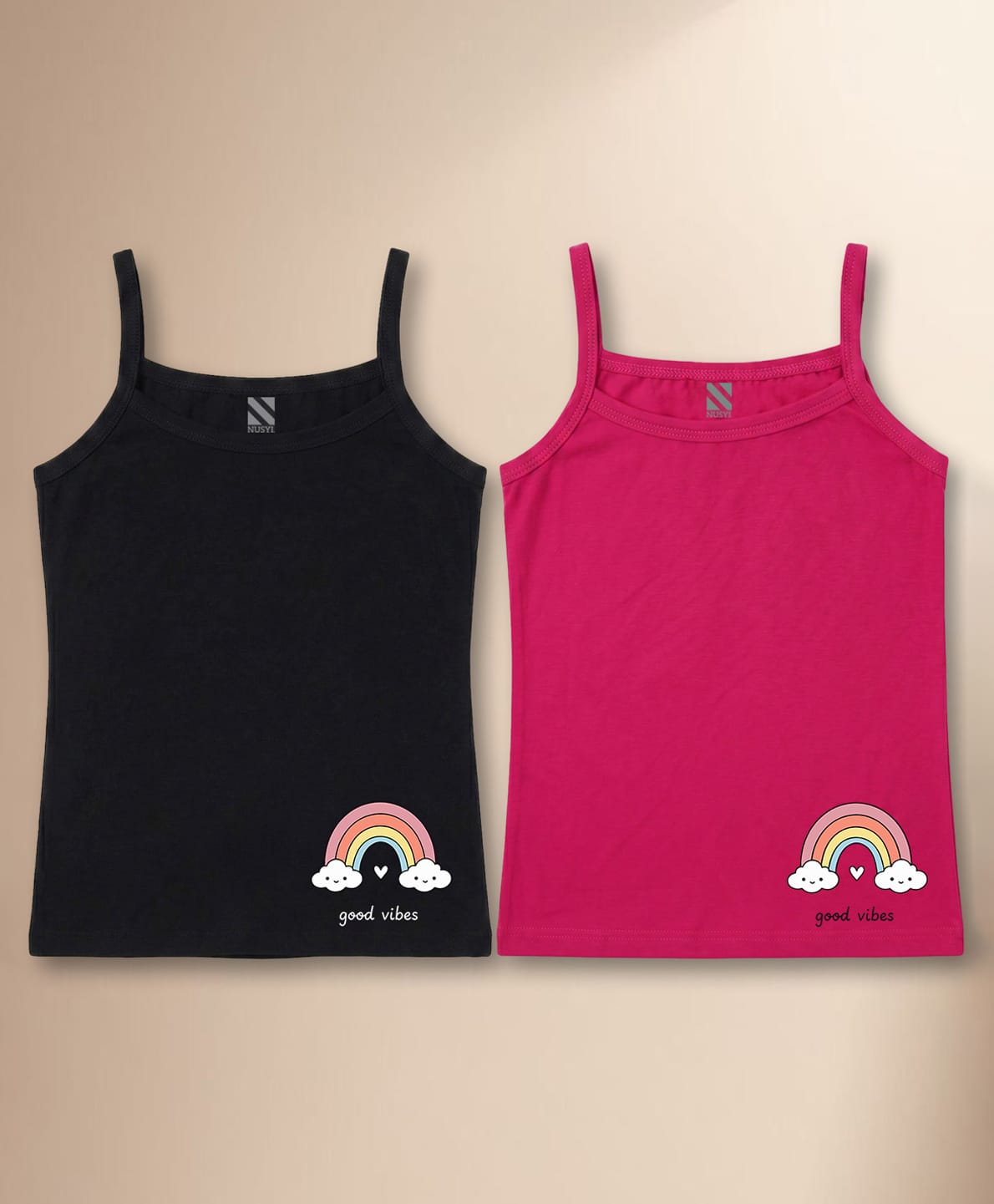 NUSYL Cotton Knit Pack Of 2 Sleeveless Rainbow Printed Camisoles - Black & Dark Pink-picture-29