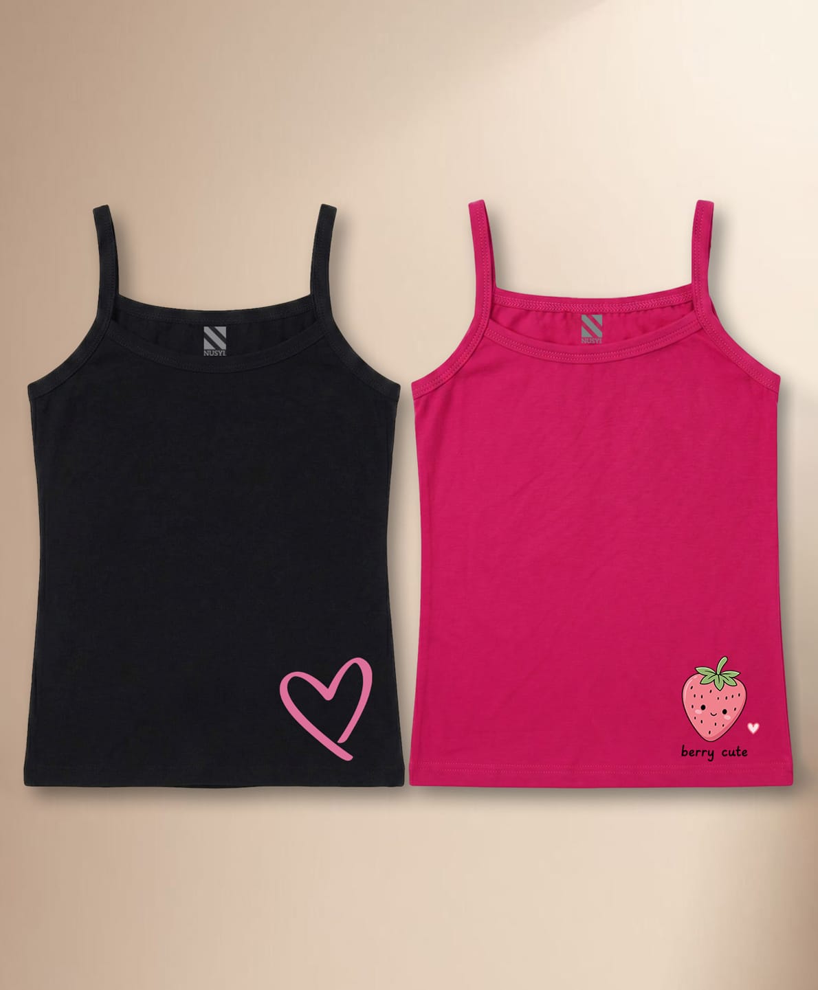 NUSYL Cotton Knit Pack Of 2 Sleeveless Heart & Strawberry Printed Camisoles - Black & Dark Pink-picture-27