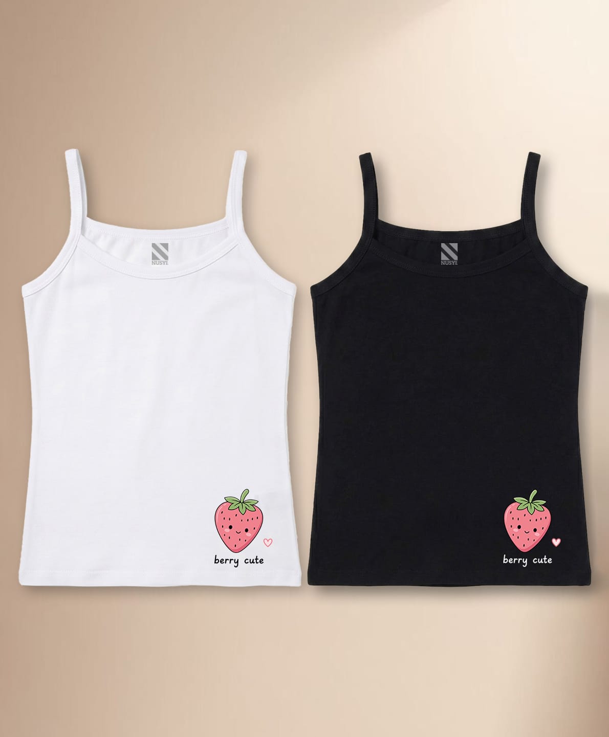 NUSYL Cotton Knit Pack Of 2 Sleeveless Strawberry Printed Camisoles - White & Black-image-37