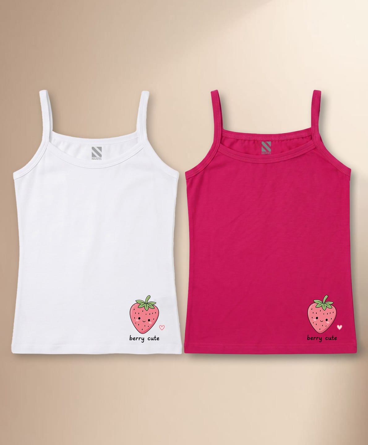 NUSYL Cotton Knit Pack Of 2 Sleeveless Strawberry Printed Camisoles - White & Dark Pink-image-47