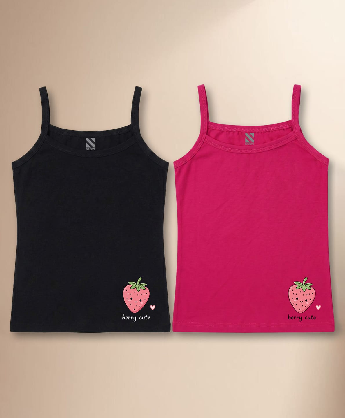 NUSYL Cotton Knit Pack Of 2 Sleeveless Strawberry Printed Camisoles - Black & Dark Pink-picture-24