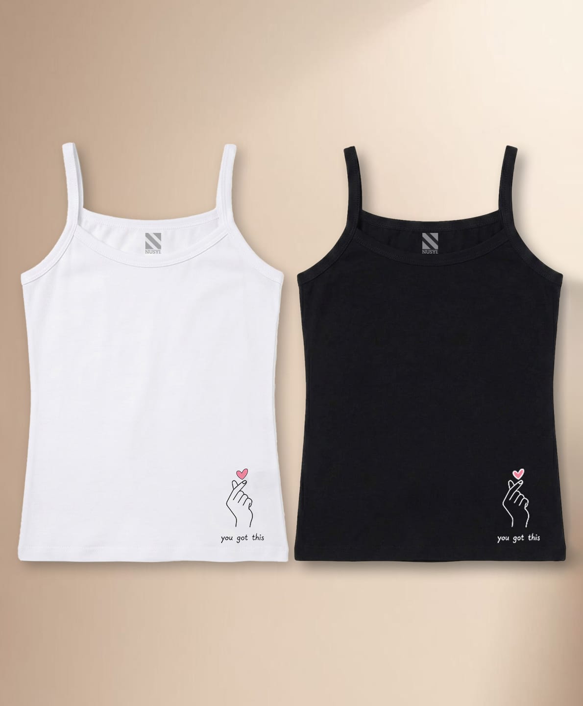 NUSYL Cotton Knit Pack Of 2 Sleeveless You Got This Text Printed Camisoles - White & Black-picture-34
