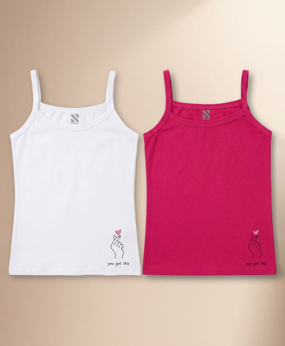 NUSYL Cotton Knit Pack Of 2 Sleeveless You Got This Text Printed Camisoles - White & Dark Pink-picture-14
