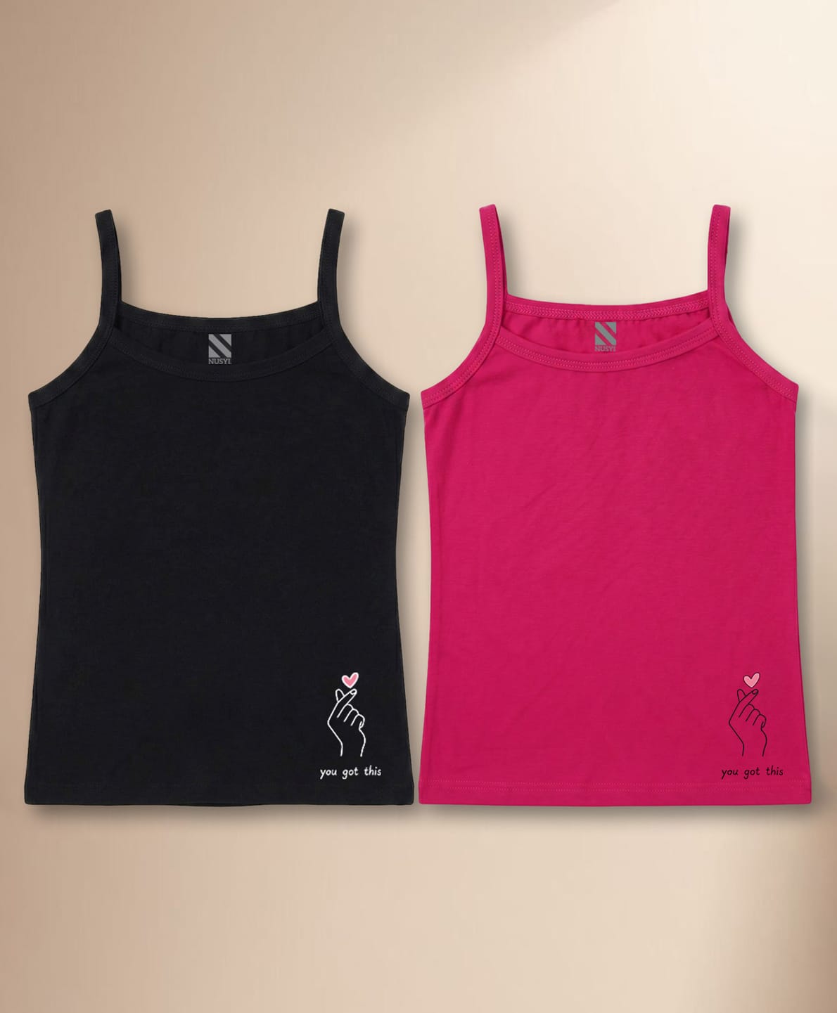 NUSYL Cotton Knit Pack Of 2 Sleeveless You Got This Text Printed Camisoles - Black & Dark Pink-picture-30