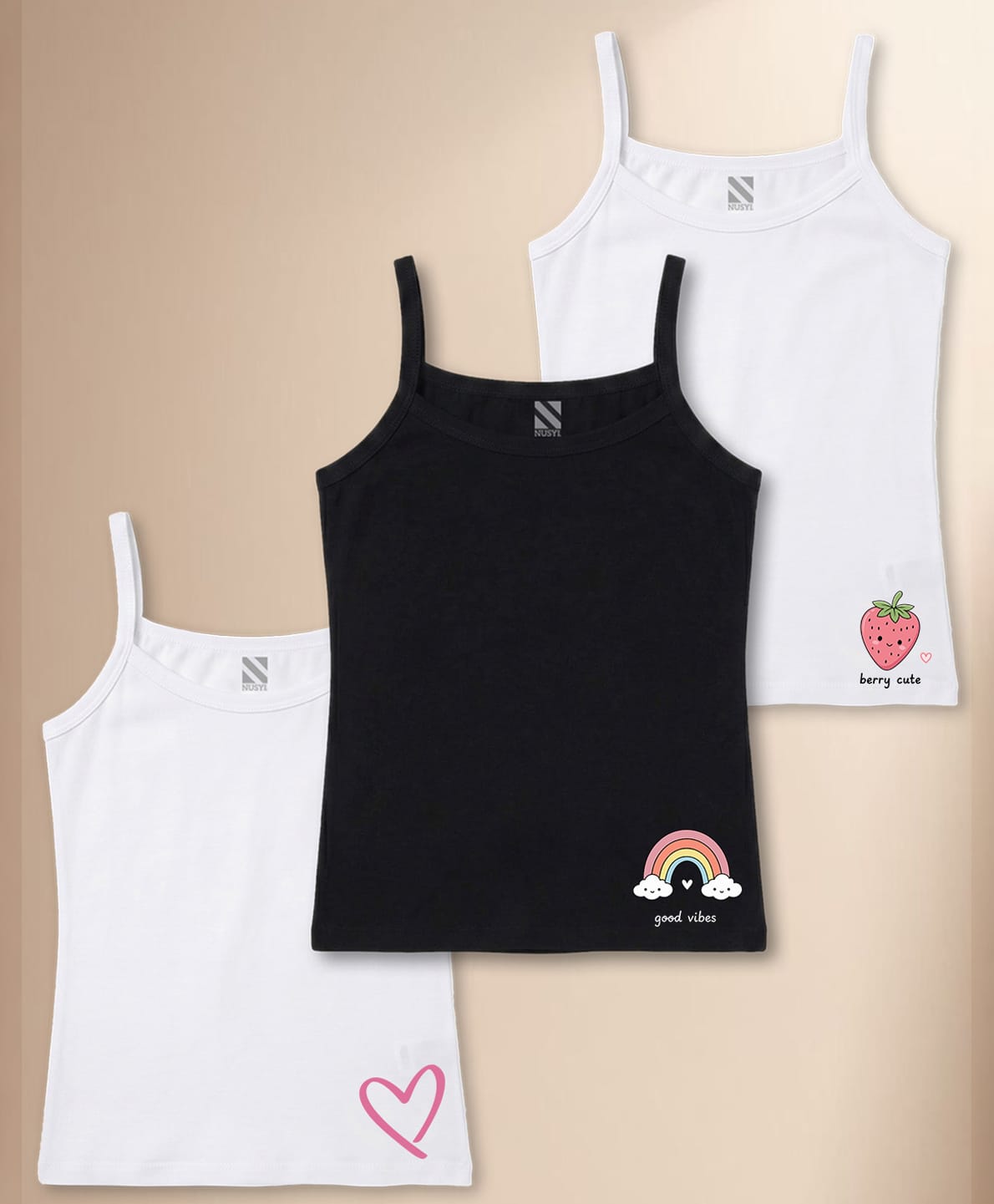 NUSYL Cotton Knit Pack Of 3 Sleeveless Heart Rainbow & Strawberry Printed Camisoles - White & Black-picture-2