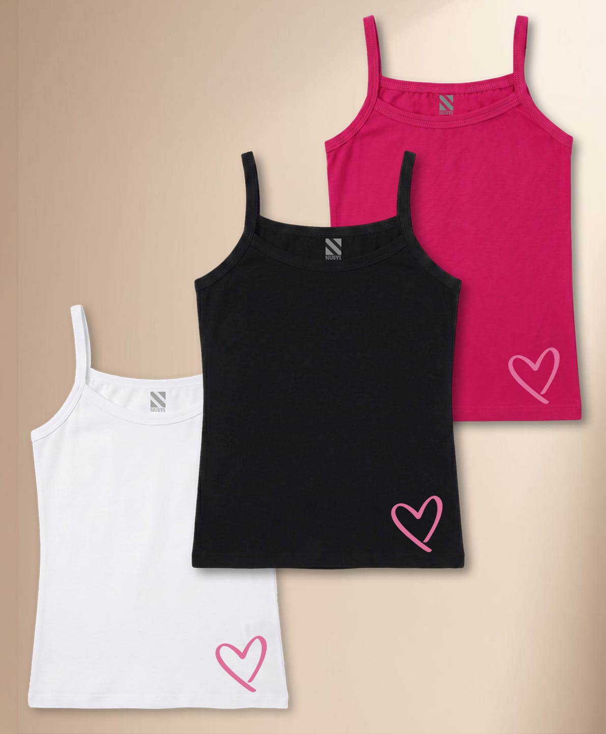 NUSYL Cotton Knit Pack Of 3 Sleeveless Heart Printed Camisoles - White Black & Dark Pink-image-48