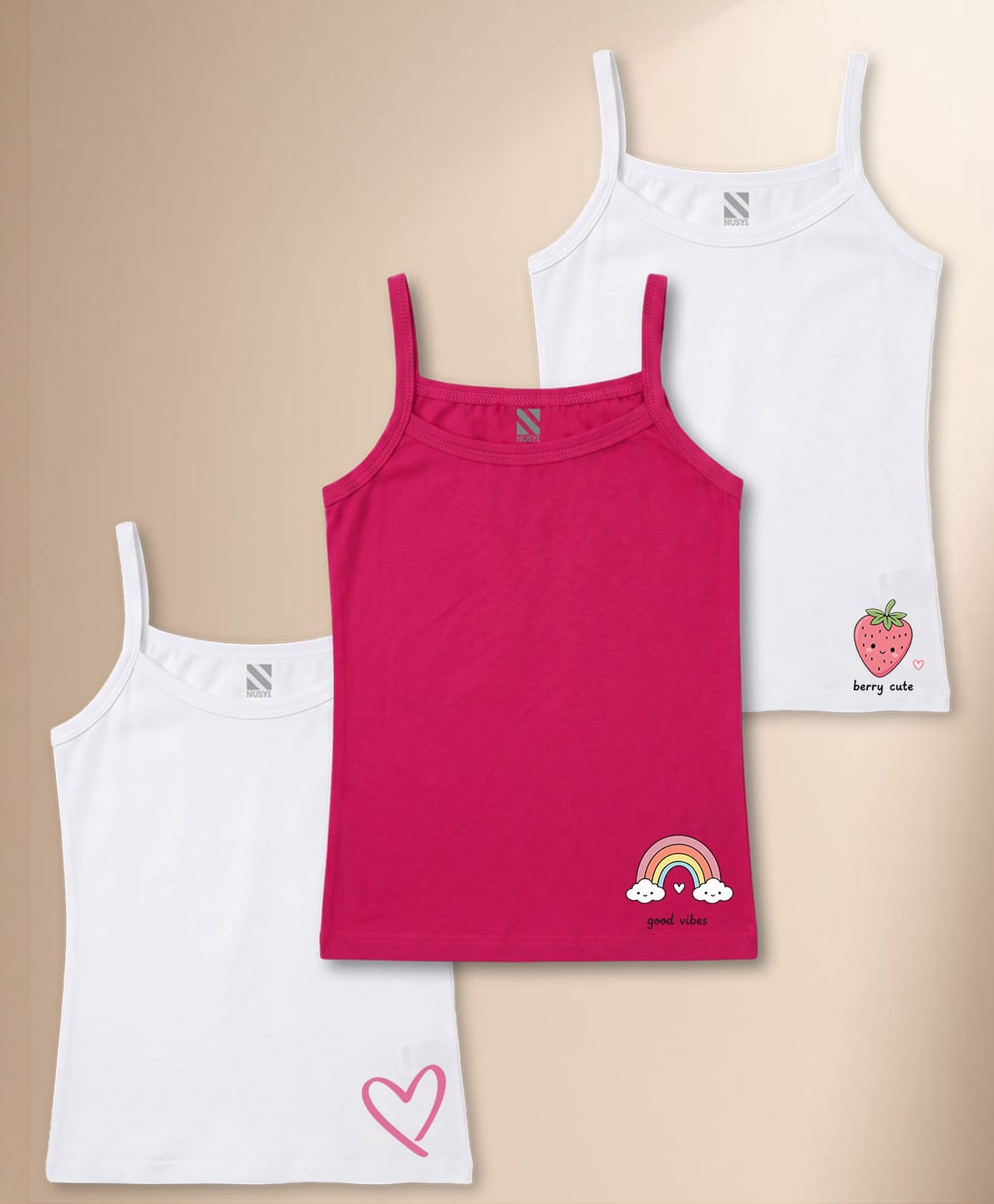 NUSYL Cotton Knit Pack Of 3 Sleeveless Heart Strawberry & Rainbow Printed Camisoles - White & Dark Pink-picture-10