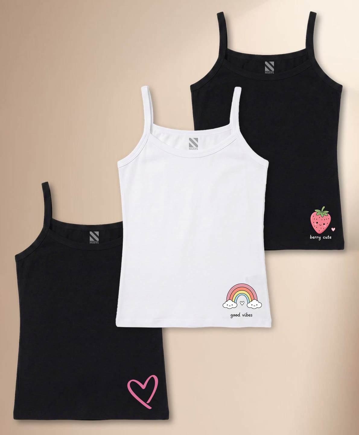 NUSYL Cotton Knit Pack Of 3 Sleeveless Heart Rainbow & Strawberry Printed Camisoles - Black & White-picture-13