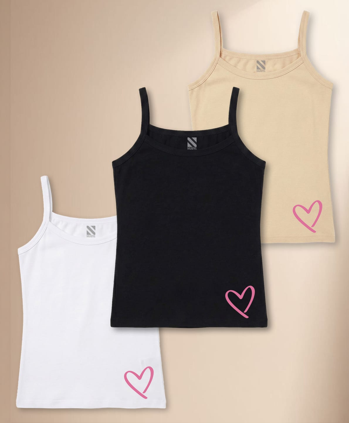 NUSYL Cotton Knit Pack Of 3 Sleeveless Heart Printed Camisoles - White Black & Beige-picture-16