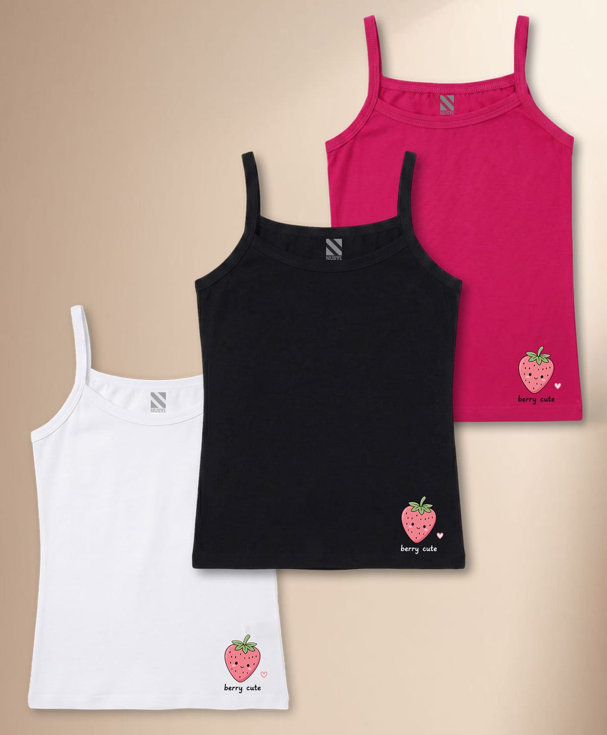 NUSYL Cotton Knit Pack Of 3 Sleeveless Strawberry Printed Camisoles - White Black & Dark Pink-image-41