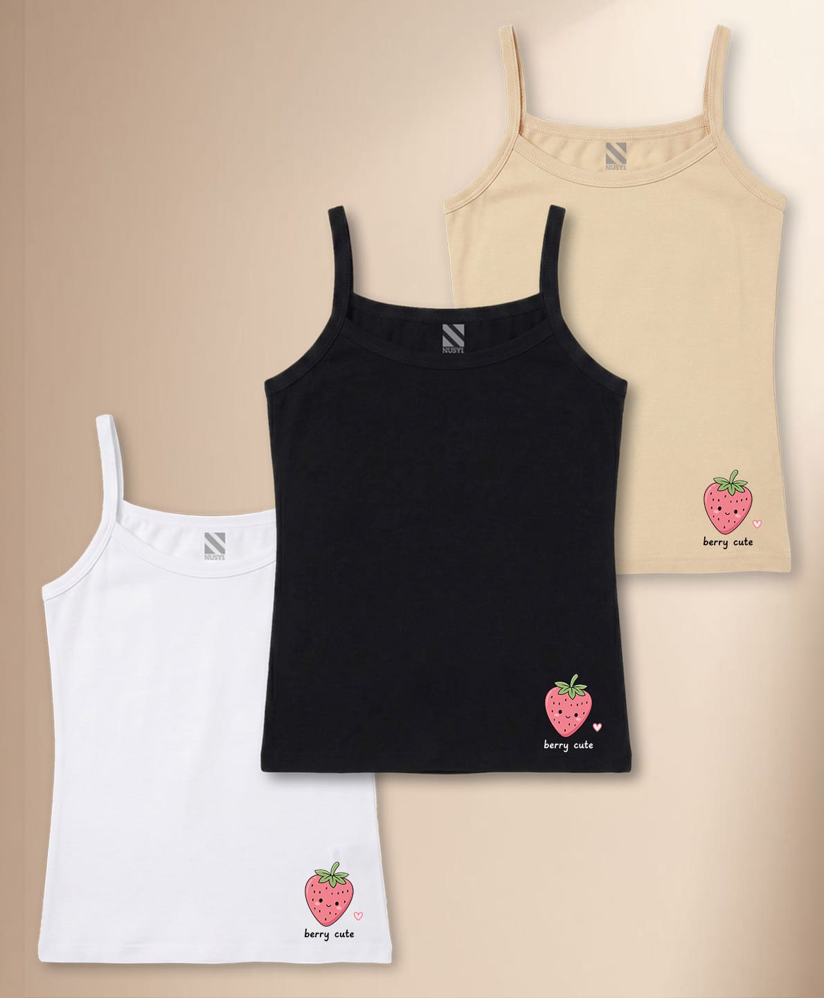 NUSYL Cotton Knit Pack Of 3 Sleeveless Strawberry Printed Camisoles - White Black & Beige-picture-20