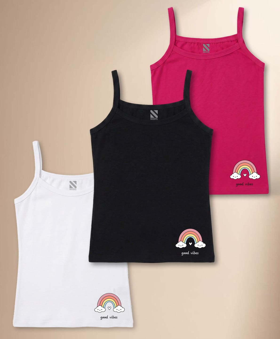 NUSYL Cotton Knit Pack Of 3 Sleeveless Rainbow Printed Camisoles - White Black & Dark Pink-image-14