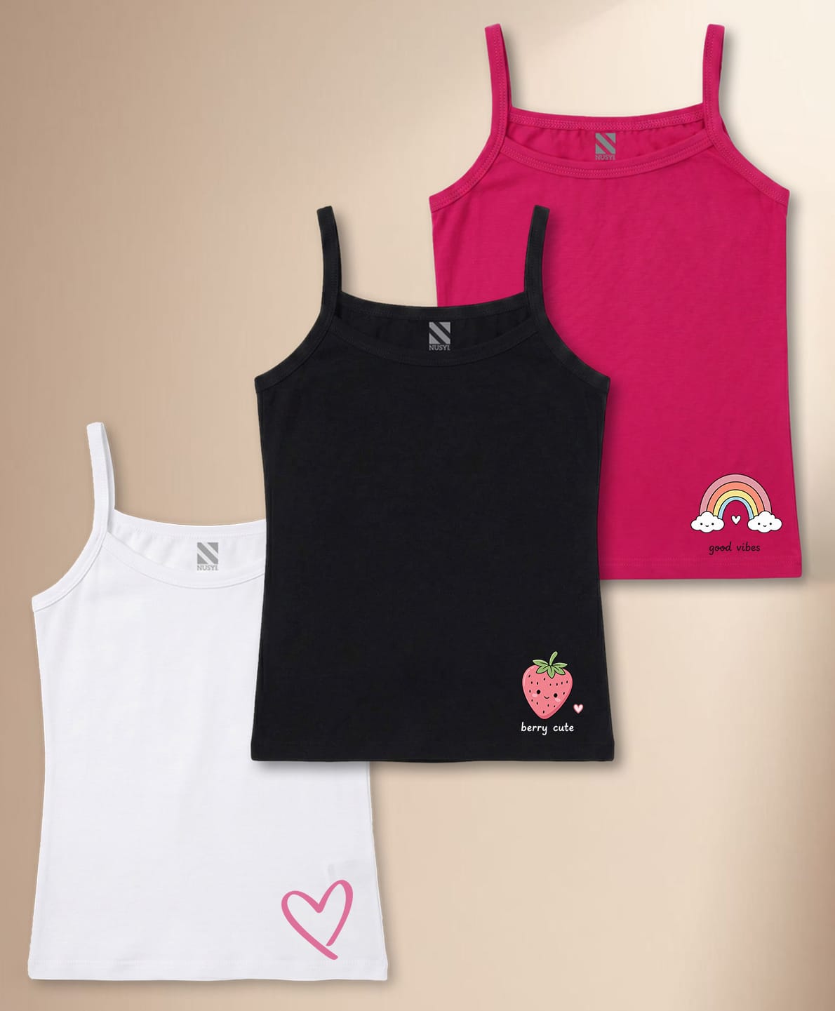 NUSYL Cotton Knit Pack Of 3 Sleeveless Heart Strawberry & Rainbow Printed Camisoles - White Black & Dark Pink-picture-1