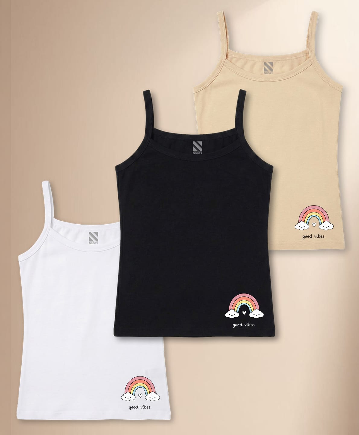 NUSYL Cotton Knit Pack Of 3 Sleeveless Rainbow Printed Camisoles - White Black & Beige-picture-4