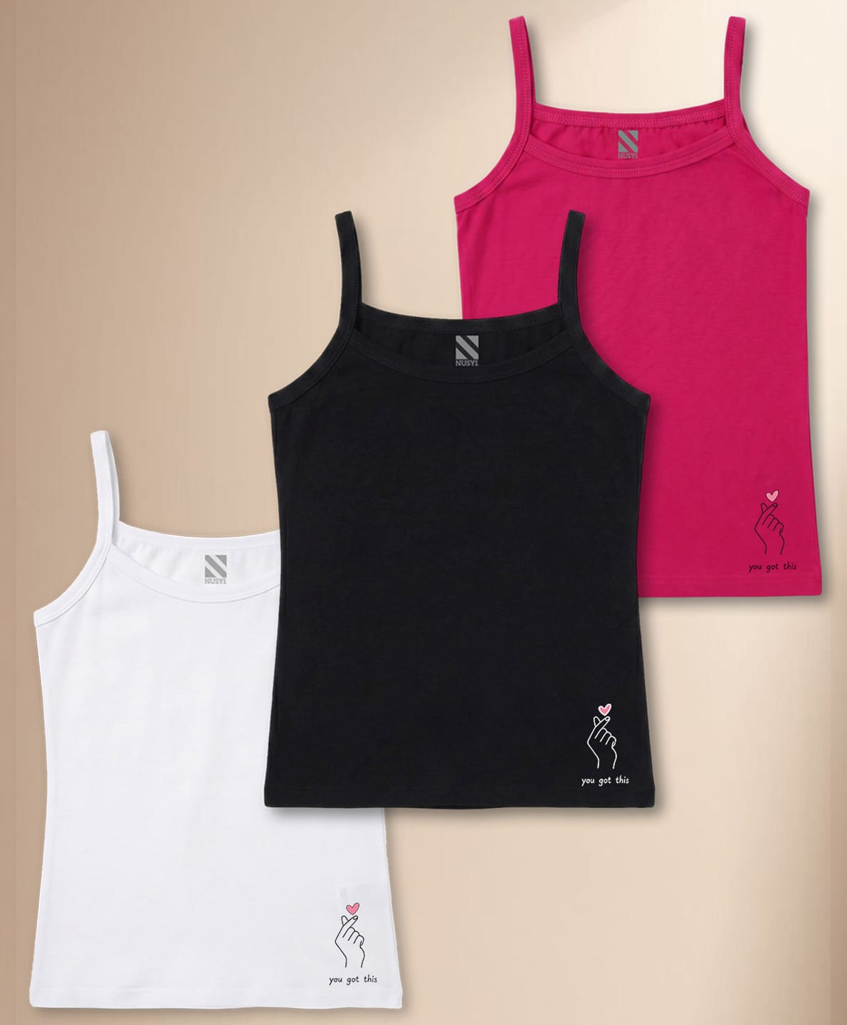 NUSYL Cotton Knit Pack Of 3 Sleeveless You Got This Text Printed Camisoles - White Black & Dark Pink-picture-32