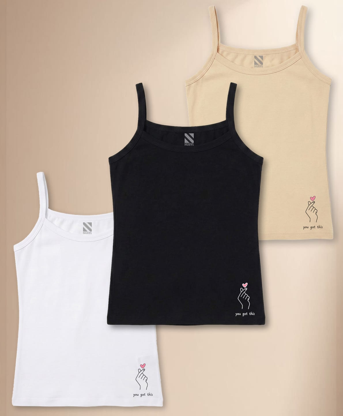 NUSYL Cotton Knit Pack Of 3 Sleeveless You Got This Text Printed Camisoles - White Black & Beige-picture-18