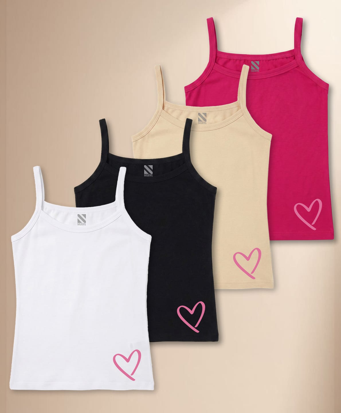 NUSYL Cotton Knit Pack Of 4 Sleeveless Heart Printed Camisoles - White Black Dark Pink & Beige-picture-16