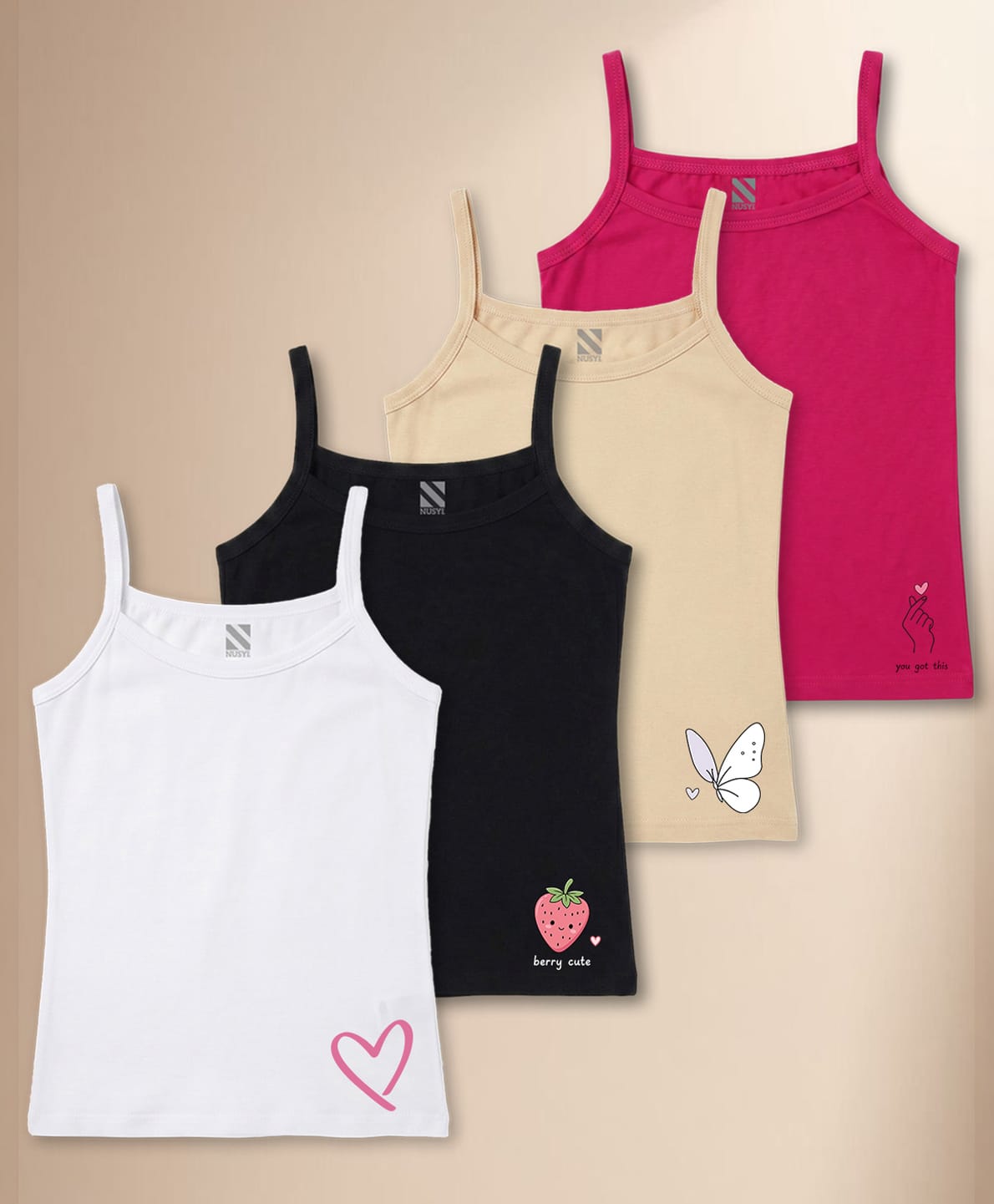 NUSYL Cotton Knit Pack Of 4 Sleeveless Heart Strawberry & Butterfly Printed Camisoles - White Black Dark Pink & Beige-picture-35
