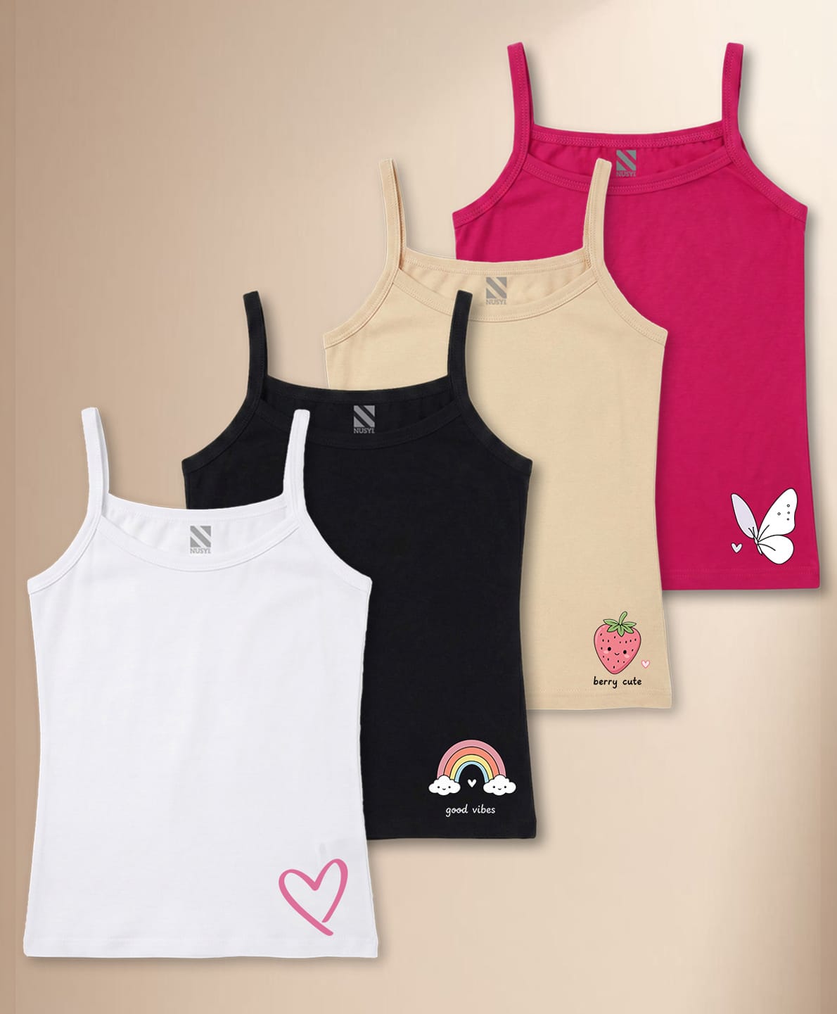 NUSYL Cotton Knit Pack Of 4 Sleeveless Heart Rainbow Butterfly & Strawberry Printed Camisoles - White Black Dark Pink & Beige-picture-5