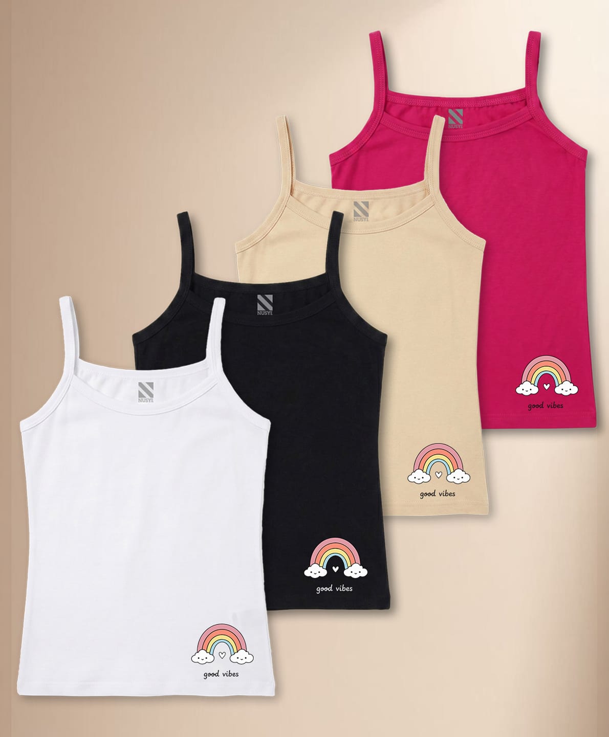 NUSYL Cotton Knit Pack Of 4 Sleeveless Rainbow Printed Camisoles - White Black Dark Pink & Beige-picture-27