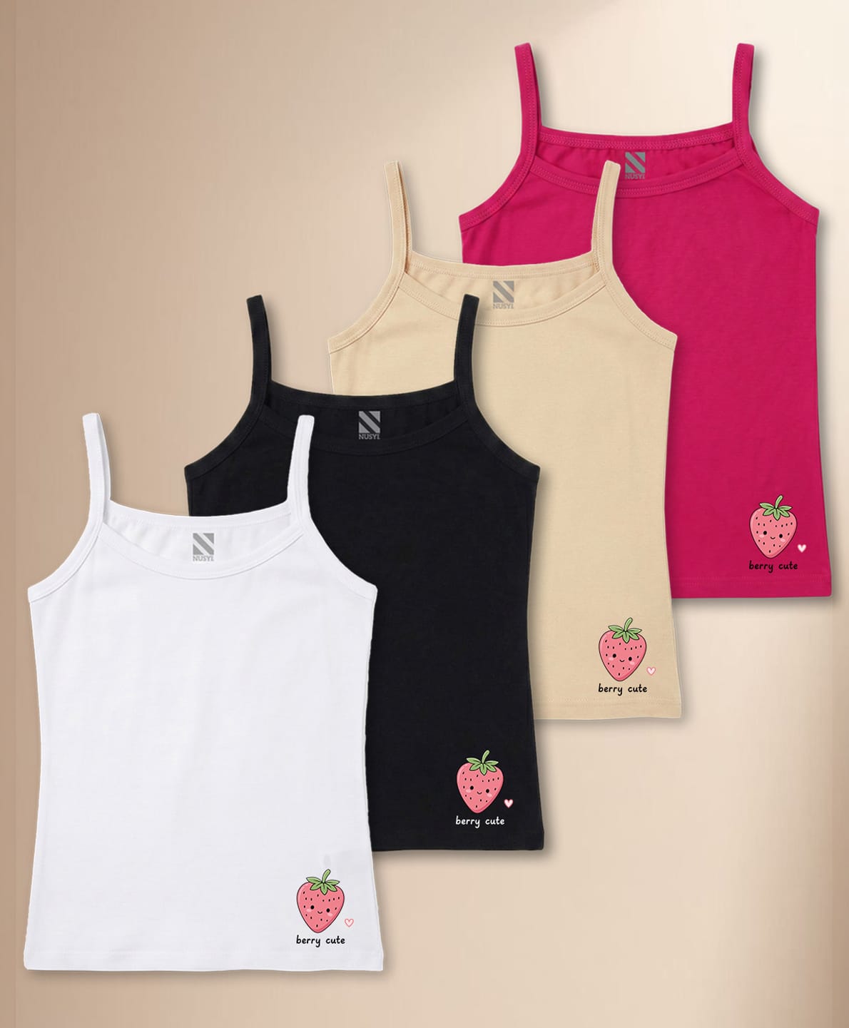 NUSYL Cotton Knit Pack Of 4 Sleeveless Strawberry Printed Camisoles - White Black Dark Pink & Beige-picture-40