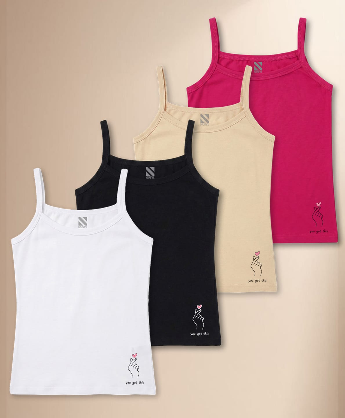 NUSYL Cotton Knit Pack Of 4 Sleeveless You Got This Text Printed Camisoles - White Black Dark Pink & Beige-picture-18